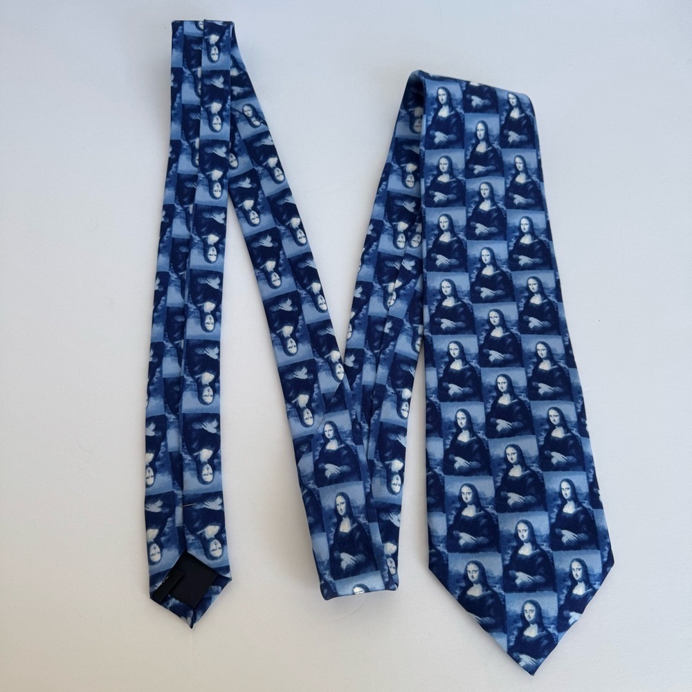 Mona Lisa Silk Neck Tie Blue Novelty Academia Office Business Teacher - Picture 3 of 8